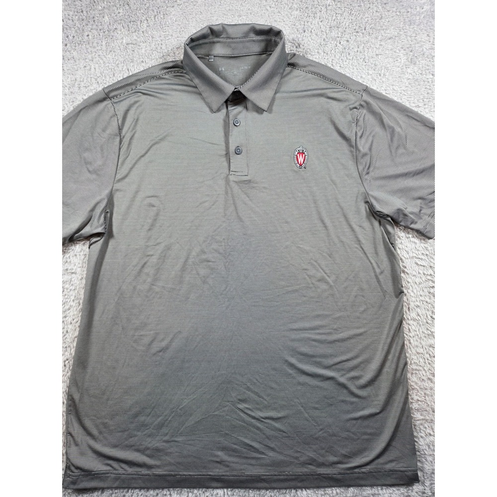Under Armour Polo Shirt Large Grey Striped Mens Wisconsin W Crest Loose Fit
